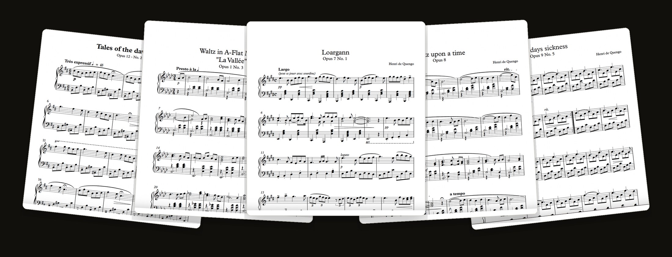 Piano sheet music extracts by Henri de Quengo: Tales of the Dawn Owl, La Vallée, Loargann, Waltz upon a Time and Two Days Sickness
